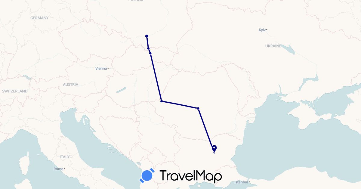 TravelMap itinerary: driving in Bulgaria, Poland, Romania, Slovakia (Europe)